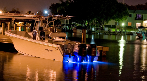 boat with blue underwater lights
